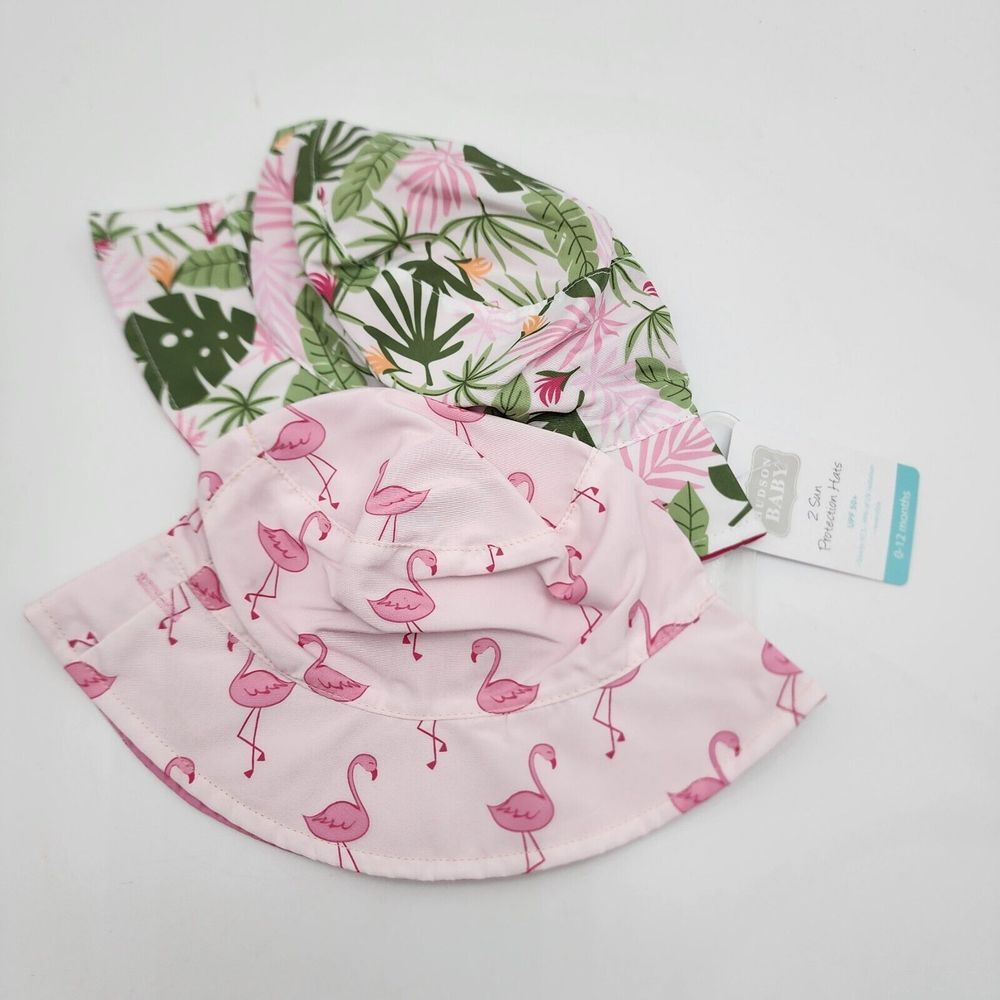 Hudson Baby 2 sun protection hats‎ UPF50 0-12 M Flamingo Floral Pink Green New